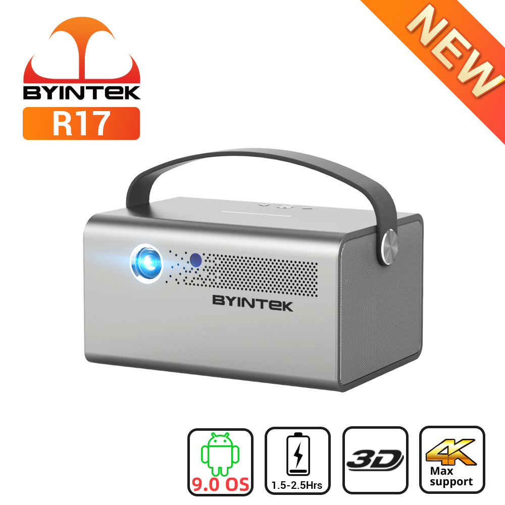 BYINTEK-R17 스마트 3D TV 300 인치 안드로이드 WiFi 휴대용 1080P LED DLP 미니 프로젝터, 풀 HD 4K 시네마 스마트폰 배터리